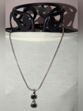 Vintage Signed PD Premier Designs Two Stone Drop Necklace SilverTone Black Cryst